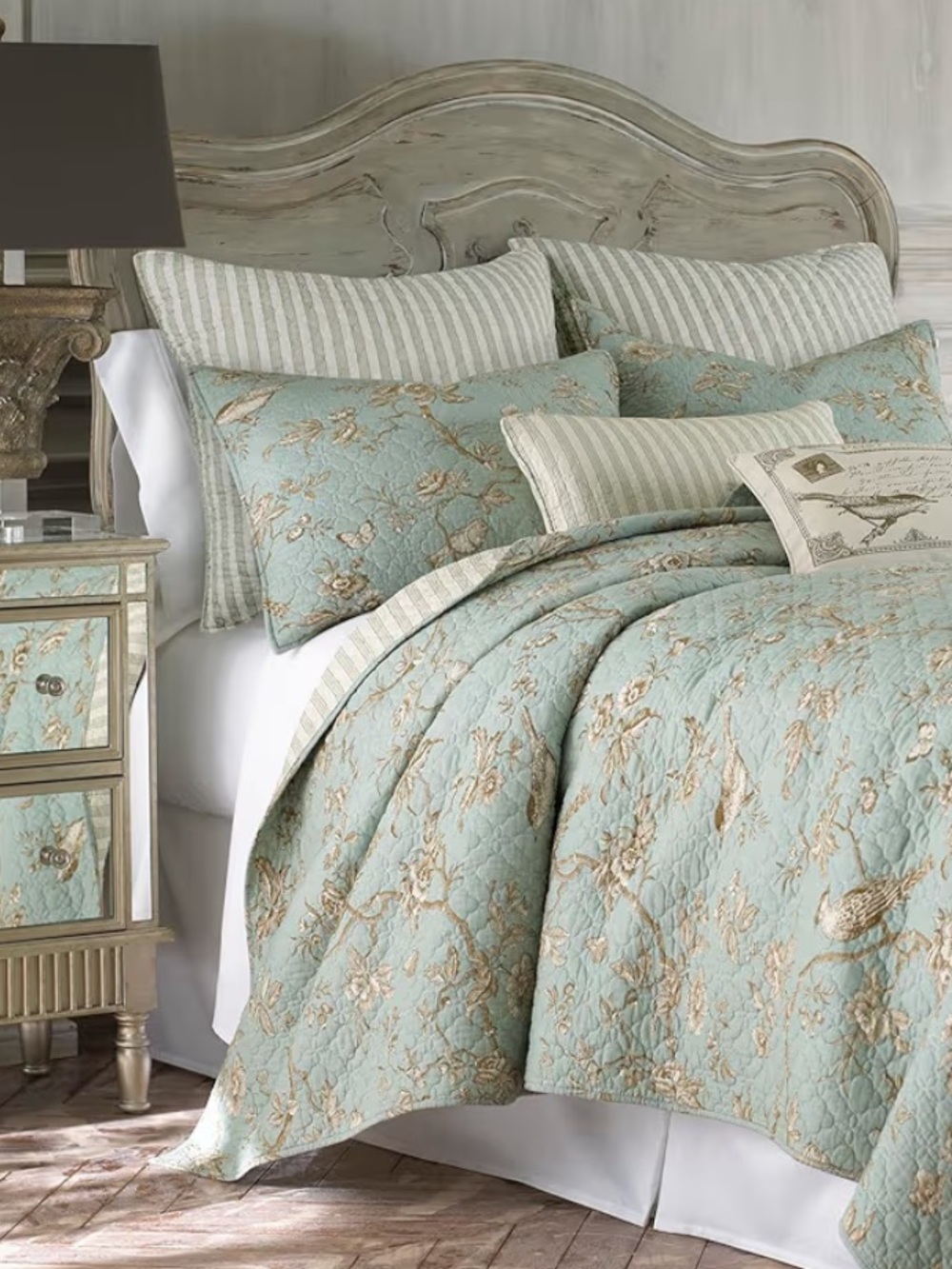 🆕 PB Style Reversible Quilt Set Brown Stripes Sage Floral Bird Toile Coverlet
